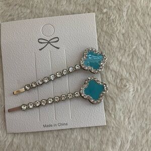 Turquoise Crystal Flower Bobby Pin Set - Elegant Kids Hair Clips